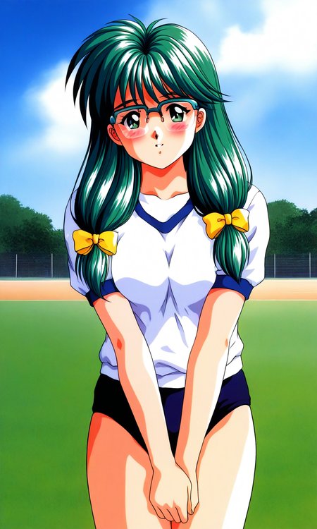 general,highres, ultra-detailed,very aesthetic,best quality ,best hands, BREAK <lora:Kisaragi_Mio_Tokimeki_Memorial_Ver2.0_IS:1>
Kisaragi_Mio(Tokimeki_Memorial), 1girl, solo, green hair, long hair, green eyes, hair over shoulder, twintail, Yellow bow, hair bow, low-tied long hair, medium breasts, 
over-rim eyewear,
blush,  v arms,
gym uniform,white shirt, dark blue buruma,
outdoor, grass, sky,