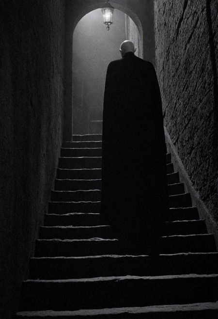cinematic, ((black and white, monochrome, greyscale)), side view, The year is 1922 and as you sleep in your chambers, a malevolent force creeps up the stairs towards you. This entity has had many names over the years but the one being used for it tonight is Nosferatu. Ugly and twisted, it desires nothing but blood and tonight, it shall feast. noise, detailed, high quality, cinematic lighting, contrast, heavy dynamic shadows, atmospheric,