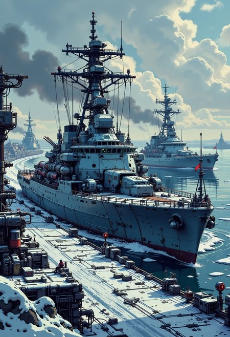 in the style of ck-mgs, A digital artwork in the style of cknc, a_skynet_cyberdyne_craft, the image is featuring a futuristic, highly advanced sci-fi naval base, with two enormous gun turrets, and several military buildings.  Naval ships in winter camouflage of grey and white paint are moored against the dock, winter, snow on the ground, small ice floes, stormy sky, directional weak sunlight, dutch angle