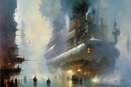 <lora:John Berkey Style:1> John Berkey Style page, steampunk cityscape,fog, smoke, (masterpiece:1.2), best quality