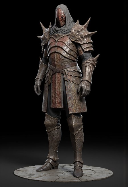 A warrior wearing buckly and sharp angled distinctive brutalist forms armor crafted from mithril - the fossilized remains of ancient minerals. The armor showcases the characteristic iridescent patterns and vibrant colors of mithril , with deep reds and earthy browns creating natural striped patterns across the chest piece and leg guards. The armor design appears layered and segmented, mimicking the natural formation of the fossilized mithril , with each piece carefully shaped to protect while maintaining flexibility. Heavy pauldrons and a thick neck guard provide additional protection, while the overall silhouette remains robust and imposing. The armor is complemented by mithril  pants and brutalist imposing boots at the base. The natural, mineral patterns of the mithril  create an armor set that looks both prehistoric and rocky, with the metallic sheen of the fossilized mithril catching the light against the  black backdrop.
 Their face is obscured by a mask with screwdriver shaped holes.
Standing on a flat gray ground  and black background, the camera angle is high rotated at a 45 degree angle
Set against a solid dark black color background to emphasize its unnatural form that emphasizes its silhouette. The medium is not a traditional painting or illustrative medium like watercolor or ink but rather a digital 3D rendering.
MikeFranchinastyle, bbstyle,, horror theme,, ZBClay model of a gray sculpture, zbrush, d4arks0uls, overcast lighting, jedioutfit
