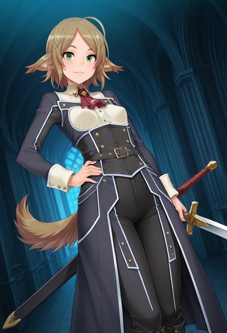 (1girl, solo) noa riads, animal ears, Green Eyes, tail, brown hair, short hair, Pretty eyes, , 1girl, solo,, brown hair,, fluffy tail, ahoge, animal ears, dog ears, small breasts, swept bangs , green eyes, animal ears, tail, , ,
Eye focus , shiny skin, shiny body, shiny hair, (best quality) , (highly detailed) ,((masterpiece)), ((best quality)), (ultra-detailed), ((extremely detailed)), (high resolution), 4K, (8K), best quality, (beautiful), (dynamic lighting), (super detailed skin), sharp focus,detailed eyes、detailed face and detailed skin detailed eyes、detailed face and detailed skin,  , clear skin, shiny hair, ultra detailed eyes, depth of field, sharp, intricate details, hyperdetailed, , 
, best quality, (beautiful), (dynamic lighting)  (standing, 3/4 view), perfect face, beautiful face, defined cheekbones, defined jawline, confident expression, narrow eyes, one hand on hip, perfect hands, black coat with decorative golden symbols, black leather underbust corset, black trousers, black boots, sword, sword on hip,
  ,, shindol style