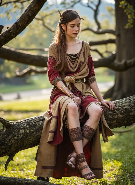 a photograph of a viking woman on a branch