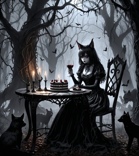 misunderstood creepy creature, dark gothic attire,  a chocalate cake, table and chair inside  eerie forest, plate, wine bottle, wine glass, candlelight,  sitting alone feeling lonely, drinking a glass of wine, accompany by her furry animals, lots of tree vine, nighttime, sad expression, reaching out, detailed shadows, high contrast, hyper-realistic, gothic, moody, mystical atmosphere, intricate details, foggy background, melancholy, dark elegance, cinematic