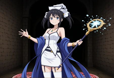 anime screencap, anime coloring,  1girl, black hair, blue eyes, twintails, sleeveless, hat, necklace, bracelet, skirt, off shoulders, stole, cowboy shot, white thighhighs, garter strap, indoors, dungeon, casting spell, holding staff, magic circle, smile <lora:atelier_iris_3_illus:1>, masterpiece, best quality, amazing quality, very aesthetic, absurdres, highres, newest