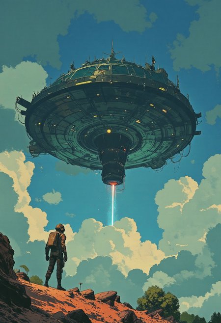 A science fiction illustration of the Trackmania spaceport on a round desert island rising through a dense layer of clouds. There is a starting spacecraft. Standing on the island there is a humanoid figure in a futuristic, armored suit with a helmet, possibly a pilot or a crew member.  The overall atmosphere is one of awe and anticipation, suggesting a moment of arrival or exploration in a distant, alien world. The atmosphere is serene yet awe-inspiring, with a mystical, almost dreamlike quality. The composition is cinematic, with a sense of scale that emphasizes the sheer grandeur of the ship against the timeless landscape. High detail, ultra-textured, 8K resolution, atmospheric depth, concept art. anime, cyberpunk, DB4RZ, DB4RZ style painting, in the style of cksc, Trackmania, (mainly deep blue colors)