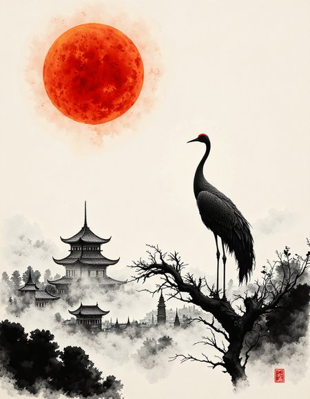 style of Japanese Sumi-e watercolor. Depict a solitary red-crowned crane standing on a tree branch overlooking a misty, urban landscape. The city is shrouded in fog, with only a few pagoda-style buildings visible. A large, red moon dominates the sky, casting a warm, orange glow. The crane's feathers should be detailed and flowing, and the ink strokes should be loose and expressive. Focus on the stark contrast between the black and white landscape and the vibrant red moon and crane. The composition should be balanced, with the crane as the focal point and the city and moon providing a dramatic backdrop, <lora:aidmaMJ6.1_v0.3:0.8>, <lora:fluxenhancer:0.4>, <lora:flux.1_lora_flyway_Epic-detail_v2:0.8>