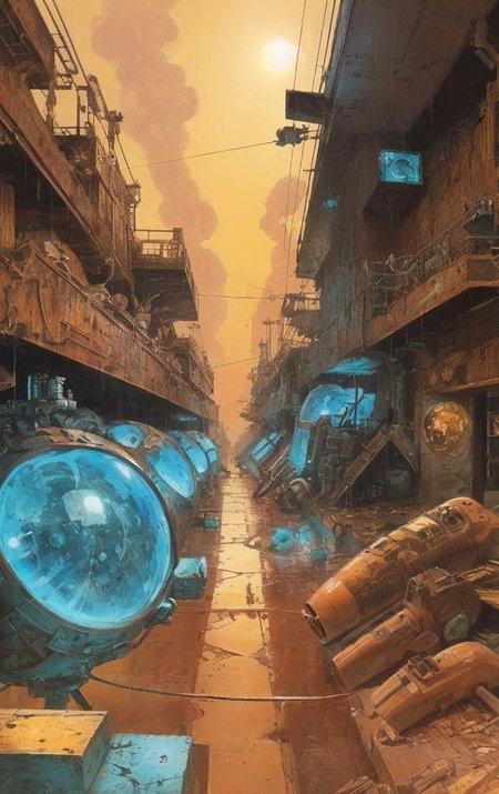 artwork <lora:Moebius:1>,  steampunk city decomposition,horizon,space exploration BREAK wasting,sunbaked,enthusiastic,unforgiving,growth,rustic,emission, rain