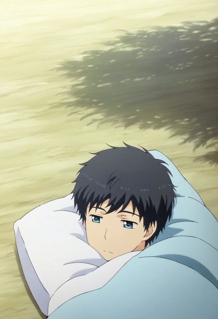 high resolution, solo, best quality, 1Boy, Arata Kaizaki, Black Hair, Blue Eyes, sleep, meadow hills, wind breeze, OverallDetail