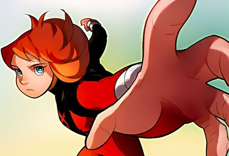 score_9, score_8_up, score_7_up, solo, 1girl, female focus, source_cartoon, 2D, solo, julie_power, red hair, blue eyes, flat chest, super_suit, chest logo, IncrsPunchMeme, incoming punch,