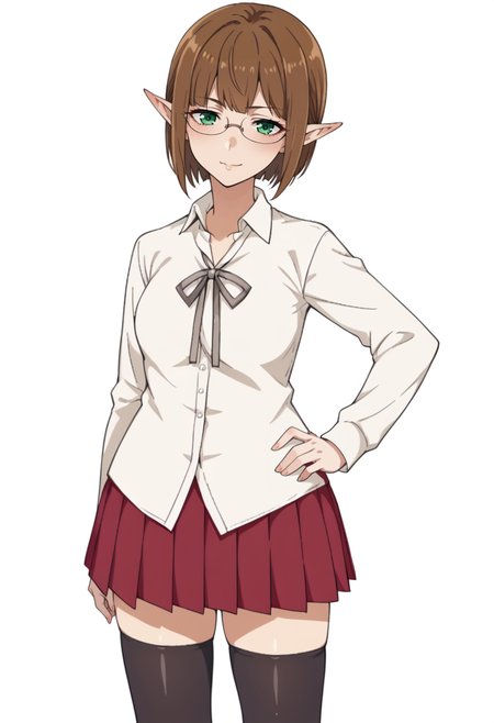 score_9, score_8_up, score_7_up, source_anime, 1girl, solo, Ein3Tu113, green eyes, brown hair, short hair, pointy ears, glasses, CasualClothes, dress shirt, white shirt, grey ribbon, long sleeves, red skirt, pleated skirt, black thighhighs, hand on hip, <lora:Eina Tulle - Danmachi V3 KKS Ver-000010:1>, white background, standing, smile