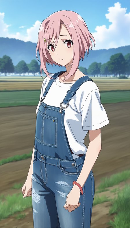 score_9,score_8_up,score_7_up,
<lora:yoshinokoharu>,yoshinokoharu,
1girl,solo,pink hair,short hair,bangs,red eyes,looking at viewer,closed mouth,(blue denim overall:1.1),white shirt,cowboy shot,arms down,
outdoors,morning,summer,rolling hills,tree,fields,blue sky,cloud,