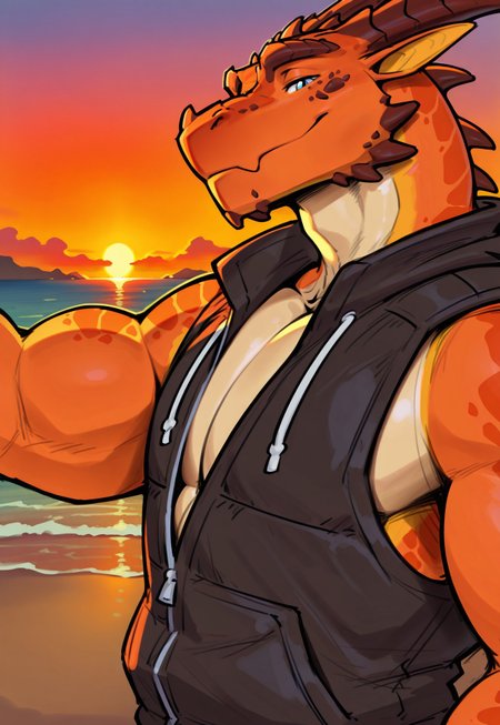 furry, solo,dragon, horns  , muscular male, 
, close up, reaching, upper body, sunset, (sleeveless jacket), looking at viewer, close up, beach, side view, nice eyes, eyes, red and orange body, 



, 2024, 2023, r422per, masterpiece,best quality,amazing quality,