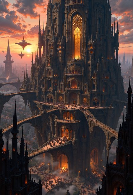 Sharn, the City of Towers, rises dramatically from the landscape, a sprawling metropolis of towering, interconnected spires that stretch high into the clouds. Each tower is a blend of sleek, dark stone and enchanted metals, adorned with glowing magical runes and intricate carvings that reflect the city’s deep history and arcane power. Bridges of various sizes crisscross between towers, creating a web of pathways filled with bustling citizens, exotic traders, and mystical creatures. Airships hover in the air, docking at various levels, their golden lights illuminating the fog that drifts lazily through the upper levels of the city. Below, the lower quarters are cast in shadow, filled with narrow alleyways, hidden bazaars, and flickering torchlight. The skyline is alive with a blend of warm and eerie hues as the sun dips beneath the horizon, casting Sharn in an otherworldly glow. The atmosphere pulses with energy, mystery, and the promise of adventure around every corner in this magnificent, vertical cityscape. masterpiece, maximum image detail, 8K high definition, intricate architecture, magical city, glowing runes, airships, enchanted metal, dense cityscape, vibrant sunset, foggy atmosphere, bridges and pathways, epic fantasy setting, ultra-realistic