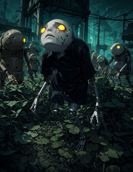 score_9,score_8_up,score_7_up,score_6_up,score_5_up,
dramatic lighting,high contrast,gloomy atmosphere,
<lora:machine_lifeform:1>,machine_lifeform,machine,robot,runny makeup,black_tears,no humans,<lora:er_albinauric:1:stop=20>,er_frogman,monster,glowing eyes,