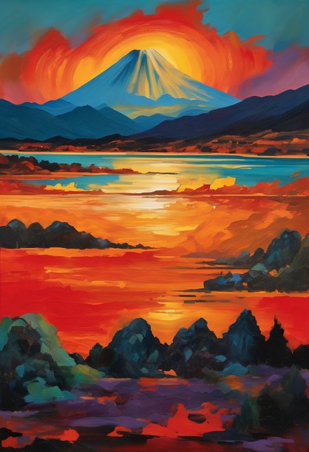 score_9, score_8_up, score_8_up, ((Cinematic composition)),((masterpiece)), (resplendent lighting), absurdres, very fine detail, 8k. Deep rich colours.
Thick oil paint and ink. a traditional Chinese landscape with mountains, a lake, stormy skies, pine trees and palette knife textures, sunset through the clouds, modern art. Volcanoes erupting in the distance. Citizens look on in horror. 
<lora:sdxl_lightning_8step_lora.safetensors:1.0>, <lora:add detail xl.safetensors:1.5>