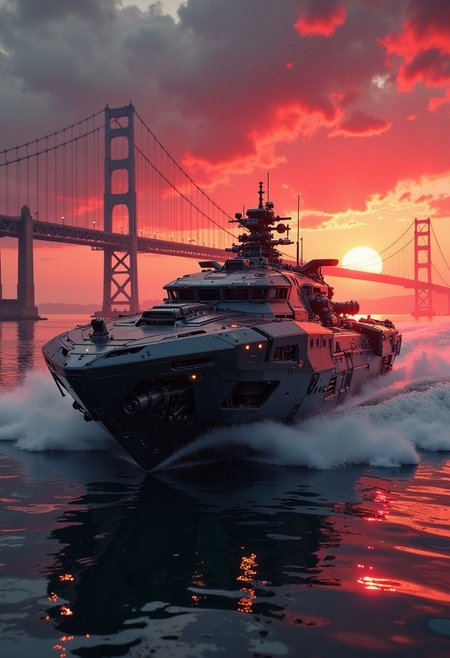 in the style of ck-mgs, A digital artwork in the style of cknc, a_skynet_cyberdyne_craft, the image is featuring a futuristic, highly advanced armoured gunboat equipped with machine guns and torpedos, moving rapidly up an estuary with a large suspension bridge. The hull is made of a dark gunmetal alloy and the hull is a flat wedge-shape with a square front, the cockpit shows glowing led lights, and has a large air intake.  Stormy, red-hued sky, sunset