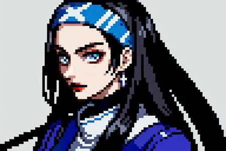 highly insanely detailed, masterpiece, top quality, best quality, highres, 4k, 8k, RAW photo, (very aesthetic, beautiful and aesthetic),  
beth_\(megami_tensei\),bethsmtii,shin megami tensei ii,long hair,black hair,straight hair,sleek black,jewelry,cross,headband,red_lipstick,katana,sword, 
<lora:zs_Beth:0.8>, 
(1girl:1.3), 1other, 
dirty alley,a colorful background,(colored mosaic background,fluid color background),âââ