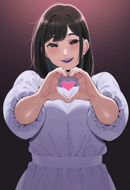 1girl, solo, medium build, medium hair, sfw, safe for work, covered skin, flowy dress,  black eyes, purple lipgloss, smiling, portrait, upper body, heart hands, foreshortening, okpriko