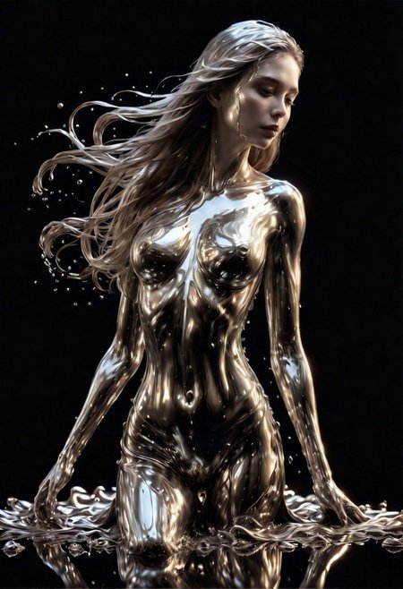 (masterpiece,best quality,ultra-detailed,best illustration:1.3), 1woman, melting, smooth shiny full length metal body, reflection mirror finish, shiny, smooth liquid metal long hair, simple black background