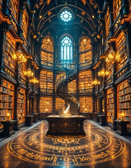 grand enchanted library filled with towering wooden bookshelves that stretch endlessly into the distance, packed with ancient, leather-bound books glowing with mystical runes. The atmosphere is illuminated by floating candles and ethereal blue and golden lights that hover in the air, casting a warm, magical glow. A spiral staircase made of dark oak winds upward, disappearing into the shadows of the high-vaulted ceiling adorned with intricate celestial carvings. Wisps of enchanted mist swirl around the floor, while some books levitate gently from shelf to shelf, as if guided by an unseen force. The air shimmers with dust particles suspended in soft, golden light filtering through stained glass windows, depicting mythical creatures and arcane symbols. The scene is rich in deep, warm tones of mahogany, gold, and sapphire, evoking a sense of wonder, mystery, and timeless knowledge. The image is highly detailed and photorealistic, capturing the textures of the aged books, the glow of magical elements, and the enchanting stillness of this mystical sanctuary of wisdom.
<lora:SDXLFaeTastic2400:0.4> <lora:extremely_detailed:0.4> extremely detailed,<lora:3nch4nt3d_l1br4ry-ill:1>,3nch4nt3d l1br4ry, Masterpiece,best quality,hi res,8k,hi res,8k,award winning,(sharp focus, intricate, highly detailed),