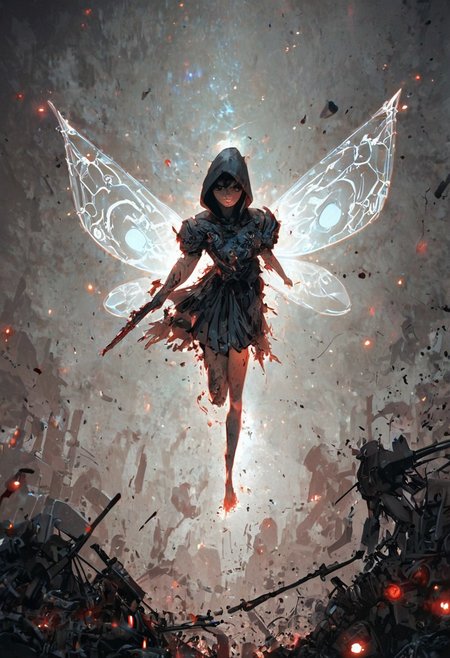 score_9, score_8_up, score_7_up, cinematic photo, dramatic lighting, dynamic pose, fantastic, 
A woman in swirling black and grey high dress clothing with a hood,
((She wields a pair of thin glowing pink blades with an obsidian cross guard)),
(She has uniquely colored and shaped, translucent fairy wings sweeping behind her, with charcoal grey and smoke like elements),  
Her short black hair partially obscures her intense, teal-eyed gaze,
Sparks and ash fly around her in the dimly lit, background of a futuristic spaceship interior, 
Glowing, action, intense, Anime style, high contrast, and saturated colors. <lora:Neon_Splash_Art_for_Pony:1>