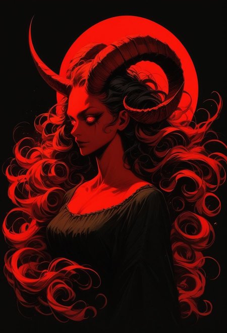 (score_9, score_8_up), score_7_up, zPDXL, 
1girl, solo, flowing hair, glowing red eyes, curved ram horns, sharp ears, red skin, demoness, cradling a black sheep, stark white background, limited red palette, monochromatic, eerie atmosphere,
big butt, booty, bubble butt, seductive,
 <lora:GRIM_v1:0.9>