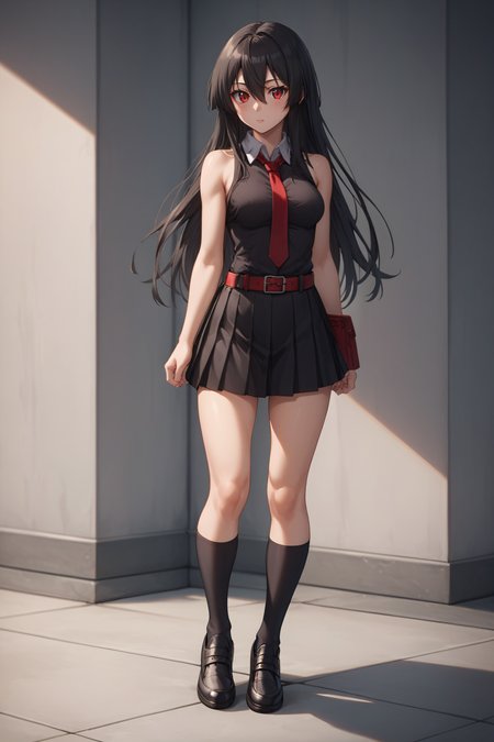 score_9, score_8_up, score_7_up, BREAK source_anime, <lora:akame-PonyXL:0.8> akame, red eyes, black hair, long hair, hair between eyes, medium breasts, black pleated skirt, black sleeveless shirt, bare shoulders, red necktie, red belt, black socks, black shoes, standing,