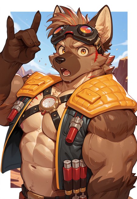 masterpiece, best quality, absurdres, newest, perfect quality, intricate details, haiz_ai, no lineart, no outline, m32c4l, solo, male focus, n1tro, furry male, goggles, vest, (three quarter view:1.3), (side view:0.3), upper body, :o, looking at viewer, fox shadow puppet, border, depth of field, dutch angle
