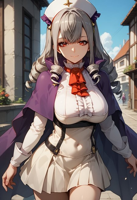 score_9,score_8_up,score_7_up,source_anime, Sophia Keren,1girl, solo, long hair, breasts, looking at viewer, smile, bangs, large breasts, red eyes, long sleeves, dress, closed mouth, grey hair, outdoors, frills, cape, ascot, covered navel, drill hair, reaching towards viewer, purple cape
