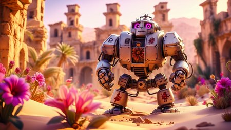 a cute drdnght robot with a large flower standing in the ruins of an old city, desert with lots of sand, sunset with a romantic atmosphere
Ultra-HD-photo-same-realistic-quality-details
 <lora:Space_Marine_Dreadnought_-_Warhammer_40000_SDXL:1> <lora:Cute_3D_Cartoon:0.8>