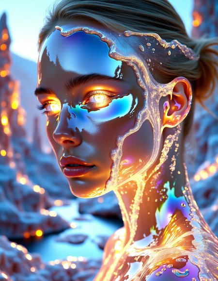 A hyperrealistic portrait of a woman whose body is made of flowing, liquid crystal, her skin reflecting and refracting the light in brilliant rainbows. Her face is partially visible through the translucent crystal, but large sections of it are melting and reforming in real-time. Her eyes are glowing orbs of liquid light, and her hair is made of flowing, molten crystal that drips and reforms as it moves. Behind her, the background is a surreal, glowing landscape of flowing crystal rivers and towering crystalline structures, all shimmering with radiant light.  <lora:aidmaImageUpgrader:1>