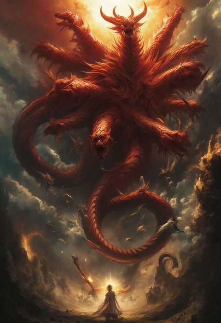 A massive, fiery red dragon, its seven crowned heads twisting in different directions, eyes burning with malice. Its ten jagged horns glisten with an eerie glow, while its wings stretch wide, blotting out the storm-filled sky. The air trembles as its enormous, serpentine tail lashes through the heavens, scattering celestial fragments like falling stars.
Surrounded by shattered ruins and swirling storms, the dragon looms over a mystical, radiant woman, its fanged maw open as if ready to strike. In the heavens, angelic warriors wielding blazing swords descend, their armor reflecting divine light as they charge against the ancient beast.
The dragon’s presence distorts reality—a swirling maelstrom of fire and shadow, its scales shimmering between the realms of existence. Thunder rumbles as the battle between light and darkness unfolds, an apocalyptic clash of cosmic forces.
Ultra-detailed, high fantasy, dark biblical mythology, cinematic lighting, hyper-realistic textures, divine vs. demonic contrast, epic celestial battle