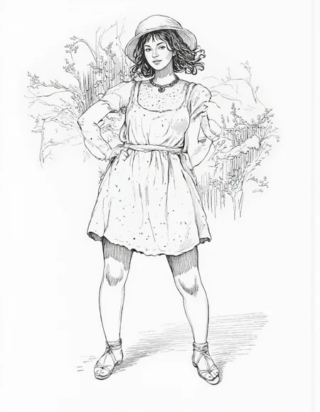 <lora:mig4v:1>, This image is a black-and-white line drawing, likely created with a pen or pencil, of, <lora:Dark_Ghibli:0.8>, masterpiece iconic portrait of pretty mature woman with black hair dressed white summer cotton dress, <lora:dada:0.8>