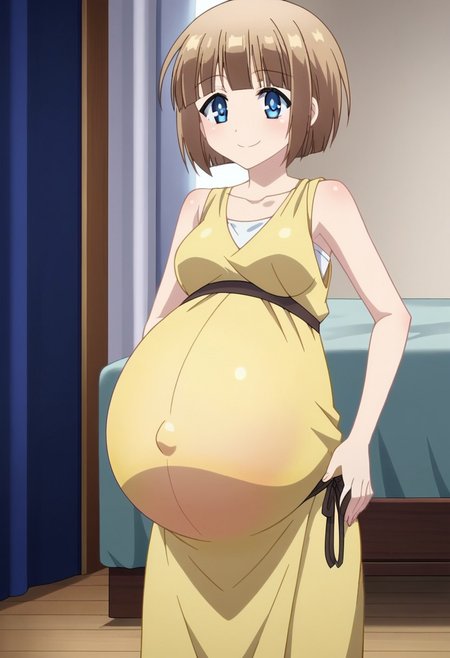 best quality, masterpiece, 4k, perfect lighting, very aesthetic, anime, anime coloring, official art, anime screencap, bedroom, happy, smile, hands on belly,
fFaceDetail, EyeDetail,
(large pregnant belly:1.5)
<lora:MasterofRagnarok:1>,  epheria, blue eyes, brown hair, short hair, 
(yellow clothes:1.9)
(covered belly:1.9), (pregnancy clothes:1.9)