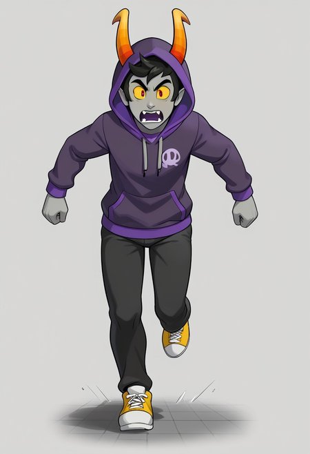 grey skin, 1boy, male focus, yellow sclera, black hair, horns, yellow sclera, solo, hood, hoodie, full body, pants, simple background, jacket, troll, nubhorns, purple shirt, scared, running, arms out,
BREAK,
three-quarter view,
BREAK,