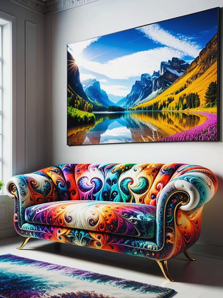 colorful mad-frctl sofa in living room, photo of a landscape on the wall   <lora:Colorful_Fractal_SDXL:1>, (masterpiece:1.2), best quality
