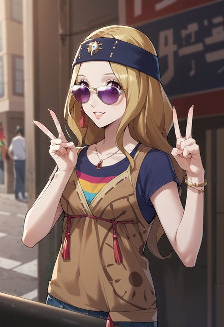 score_9, score_8_up, source_anime
1 girl, solo, cute face,
p5chihaya, blonde hair, longe hair, headband,
hippie outfit, ((tye dye shirt, rainbow color shirt)), ((leather tassel vest, brown vest)), bell bottom jeans, peace sign sunglasses, v, peace sign,
street, 70s, woodstock, music festival
masterpiece, best quality, ultra detailed,