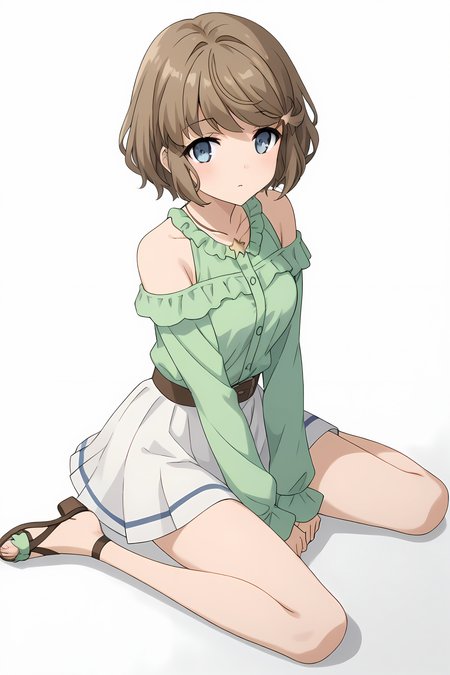 (green shirt bare shoulders long sleeves white skirt sandals:1.50), bgs-tomoe, brown hair, short hair, blue eyes, bangs, hairclip, star necklace,
medium breasts,
1girl, solo, skinny, (source_anime, score_9, score_8_up, score_8, score_7_up), score_7, score_6_up, score_6, score_5_up, score_5, 
(blush:1.10),
(simple background:1.30),
(sitting:1.20), (:1.20),
<lora:bgs-tomoe-V01-000004:0.80>