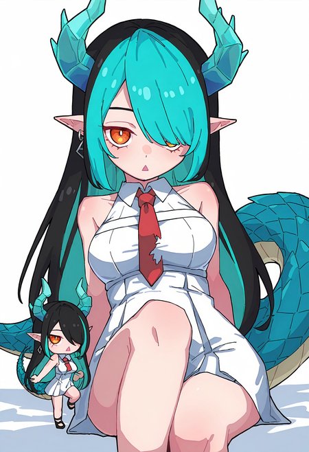 kame 0 0 kame, <lora:kame_0_0_kameloconeps11:0.8>,
theine, <lora:theobrobine-guy90-Illust-Lycorisv1:0.8>,
<lora:trforill-000148:0.6>,
1girl,aqua hair,bare shoulders,black hair,breasts,chibi,collared dress,colored inner hair,dragon girl,dragon horns,dragon tail,dress,earrings,hair over one eye,horns,jewelry,leg up,long hair,looking at viewer,medium breasts,multicolored hair,necktie,one eye covered,orange eyes,pointy ears,red necktie,short dress,sitting,sleeveless,sleeveless dress,solo,tail,torn clothes,torn necktie,triangle mouth,two-tone hair,white dress