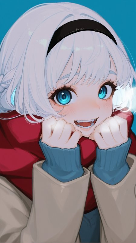 1girl, solo, long_hair, looking_at_viewer, blush, smile, open_mouth, bangs, blue_eyes, long_sleeves, upper_body, braid, white_hair, hairband, teeth, scarf, sweater, coat, sleeves_past_wrists, blue_background, own_hands_together, black_hairband, breath, red_scarf, enpera