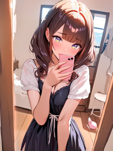 masterpiece, high score, great score, absurdres,vivid,clear skin,shiny hair,cute girl,cute face,kawaii,beautiful eyes,real skin,lips,
break, <lora:selfie_XL_V1.0:1> selfie, holding smartphone, reflection, mirror,room,dress,