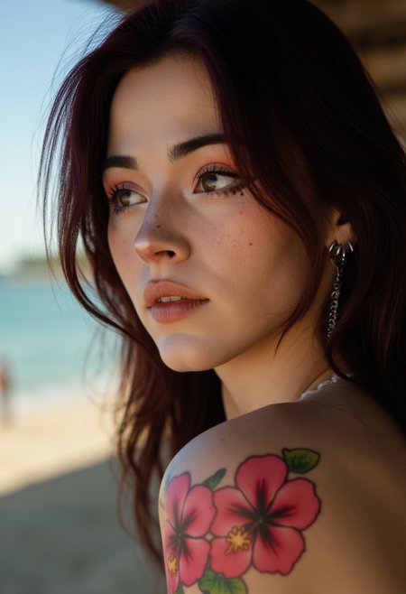Hyperrealism, extreme close-up Portrait of a young woman KTNK.  making this image a masterpiece of photography and digital art. Style: realistic hyper-detailed rendering, 32k UHD, expressive eyes, punk, graphic design, pink hibiscus tattoo, girl's face, side view, pretty and cute, gleaming lips, white skin, telling a tale of adventure. Exuding confidence and serenity. Vibrant tattoos adorn her sun-kissed skin