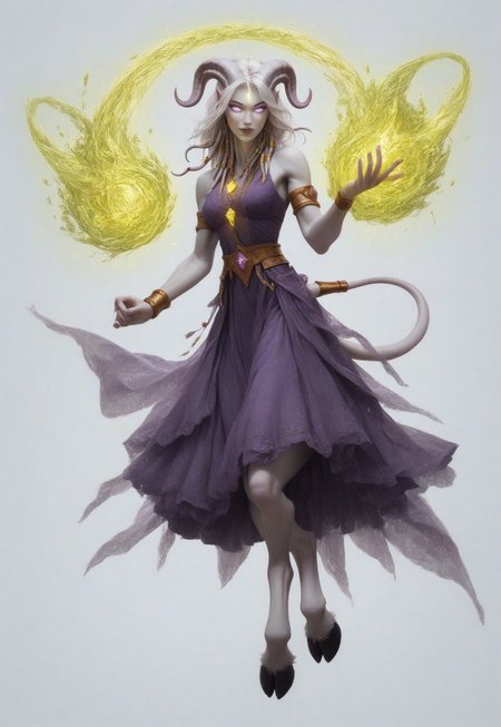 (absurdres, highres, best quality, masterpiece:1.4), 
score_9, score_8_up, score_7_up, score_6_up, 
detailed, 
detailed body, 
detailed face, 

(culDraenei, 
female, 
purple eyes, 
no sclera, 
no pupils, 
athletic, 
tall, 
slim, 
pale skin,
grey skin, 
long ears),

loose long purple dress,  
yellow pendant, 
sleeveless, 
magical spell, green aura, 

cheerful, 
(((full body))), 
posing, 
floating, 

(((white background, plain background))), 
(((no objects in background)))