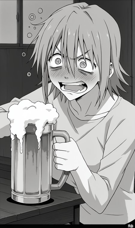 HH, 1girl, solo, pink hair, crazy eyes, angry, beer, drinking, drunk bubbles, drunk, drinking beer, indoors, @_@, manga comic style, greyscale, <lora:Haruko Haruhara Pony XL:0.9>