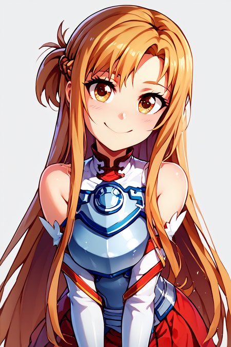 score_9, score_8_up, score_8, medium breasts, (curvy), cute, eyelashes,       BREAK, , zzAsuna, asuna (sao), long hair, brown hair, brown eyes, braid, very long hair,  thighhighs, bare shoulders, detached sleeves, armor, white thighhighs, breastplate, red skirt,   <lora:Asuna_SAO_PDXL_v3:0.8>,, BREAK, looking at viewer,  smile, upper body, leaning forward, head tilt,  embedding:zPDXL, Expressiveh, <lora:theButcherXPDXL:1.0>, <lora:CatalystStylePDXL:0.6>,  <lora:SDXLFaeTastic2400:0.5>,  <lora:Expressive_H-000001:0.4>,