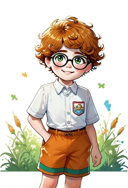 DarirStyle
score_9, score_8_up, score_7_up, highly detailed, cute boy, 1boy, solo, young, polo shirt, shorts, nerdy boy, glasses, freckles, curly hair, ginger hair, green eyes, shy smile, blushing, AHR