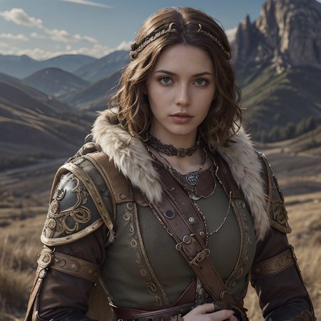 RAW photo, (masterpiece:1.3), subsurface scattering, heavy shadow, (high quality:1.4), (intricate, high detail:1.2), professional photography, HDR, High Dynamic Range, realistic, ultra realistic, photorealistic, high resolution, film photography, ambient lighting, atmospheric effects, <lora:detail_slider_v4:2>, OverallDetail, epic medieval fantasy, a muscular berserker wearing primitive gambeson with furs with sandy blonde long and curly hair, circlet, fanhe, <lora:FantasyHeaddress:0.6>, choker, fingerless gloves,  cape, in the evening, <lora:zoom_slider_v1:-1.5>,  <lora:cleavage:-1>, in the style of Angus McBride, epiCPhoto