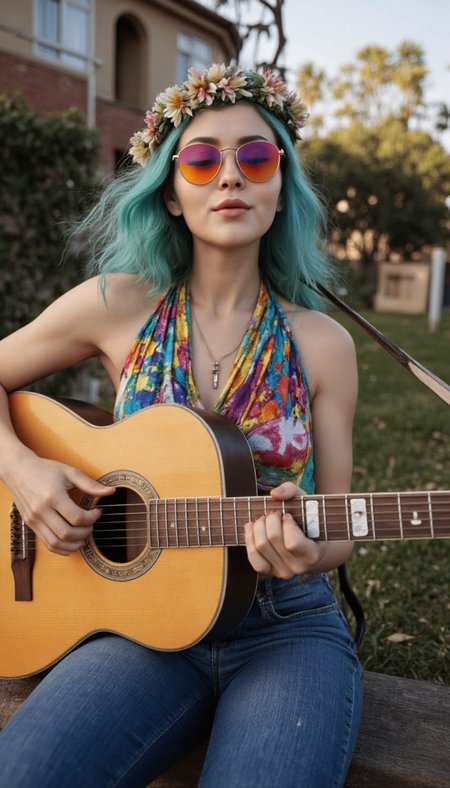 Generate a photorealistic image of a 1960s hippie girl taken with a camera made in that era. 

She has long, flowing aqua hair with a flower crown. 

She wears a bellbottom jeans with a loose halter top with spellbinding colors and resplendent patterns. She is wearing a peace sign necklace.She is wearing round sunglasses with brightly colored lenses.

She is playing a soulful tune on an acoustic guitar, her eyes closed in peaceful contemplation.

She has realistic skin that is not flawless. She has Round peach eyes. She has a short nose. She has a double chin. She has a statuesque Bell Shaped breasts. She has natural unshaven body hair.  She has not recently showered, her skin may be a little bit dirty. She wears little make-up except for her lip gloss.  She has painted toenails