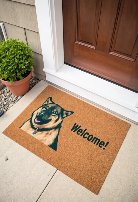 <lora:Welcome_Mat_Manufacturer_FLUX-000023:0.9>  <lora:Lia_-_My_Dog_F1D_r1:1.2>
The image is a photograph of a small outdoor entrance area, featuring a doormat with a humorous design. The doormat is rectangular and made of a textured, brown, coir material. It has a vibrant, whimsical design featuring liathedog dog and  text "Welcome!"